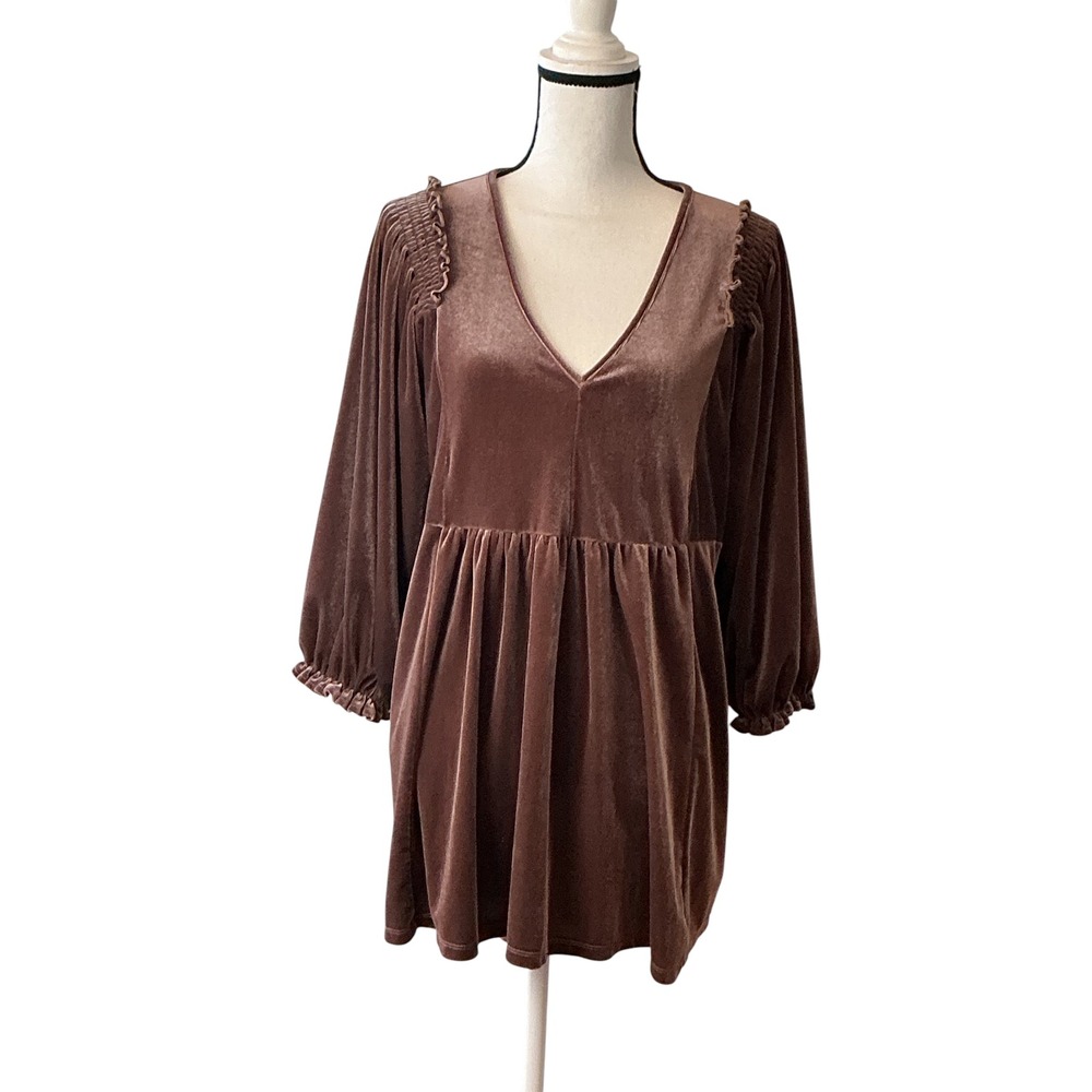 Umgee Brown Velvet Babydoll Mini Dress V-Neck Smocked Pockets XL WA0325 - Picture 7 of 14